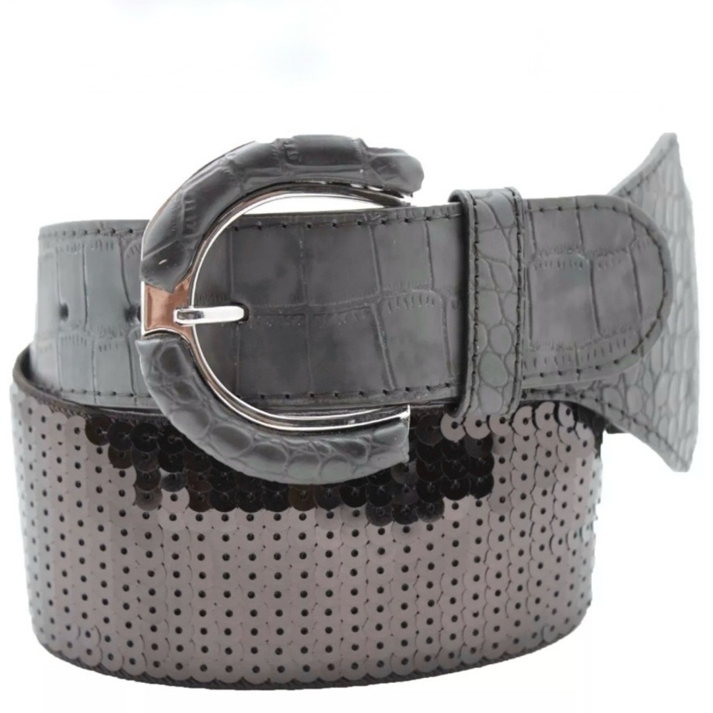 Sequin Studded Faux Leather Dark Brown Belt w/ Aligator/Crocodile Skin Pattern